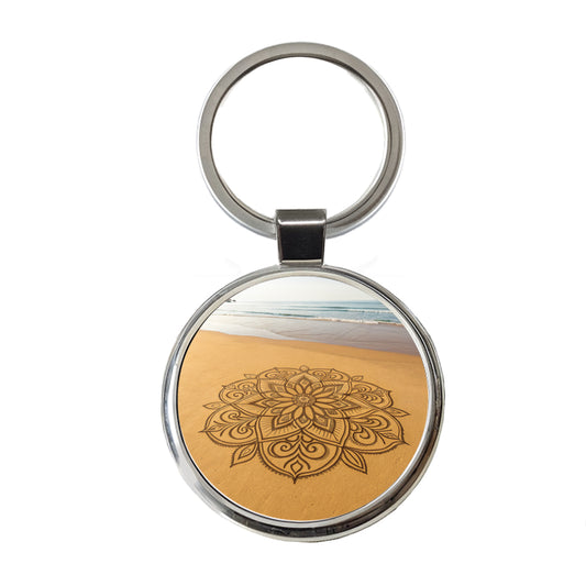 Mandala Pattern Beach Sand Round Metal Keychain
