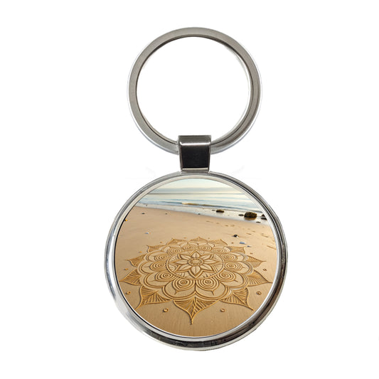 Mandala Pattern Drawn Into Beach Sand Round Metal Keychain