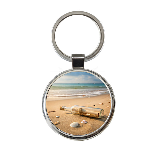 Message In A Bottle On Beach Round Metal Keychain