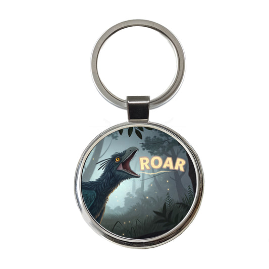 Microraptor Bold Roar Dinosaur Round Metal Keychain
