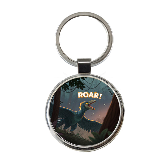Microraptor Roar Dinosaur Round Metal Keychain