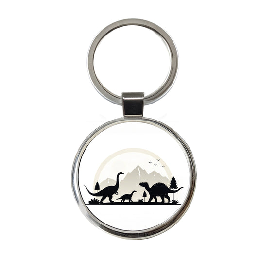 Minimalist Dinosaur Silhouettes Round Metal Keychain