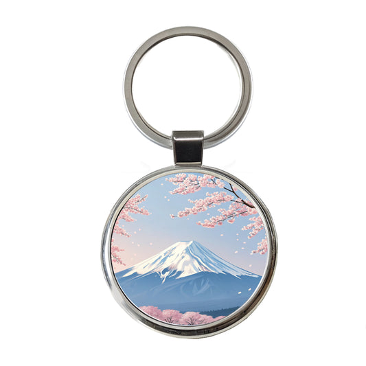 Mount Fuji Japan Cherry Blossom Trees Round Metal Keychain