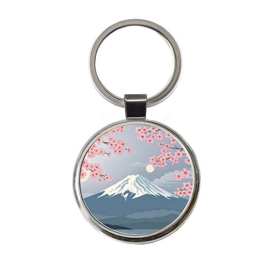 Mount Fuji Japan Drawing Cherry Blossoms Beautiful Round Metal Keychain