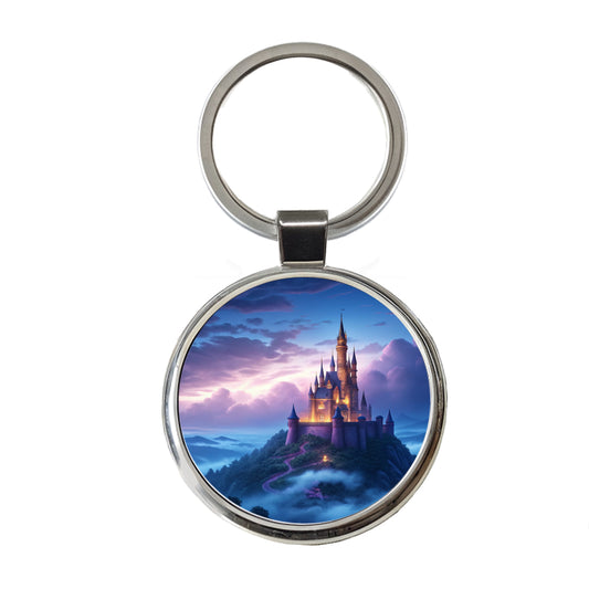 Mountaintop Castle Beautiful Fantasy Round Metal Keychain