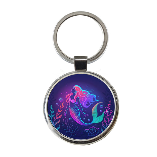 Neon Mermaid Beautiful Round Metal Keychain