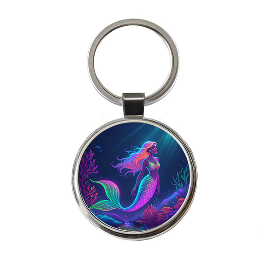 Neon Mermaid Ocean Round Metal Keychain