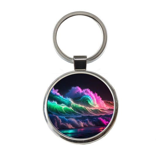 Neon Ocean Waves Beach Round Metal Keychain