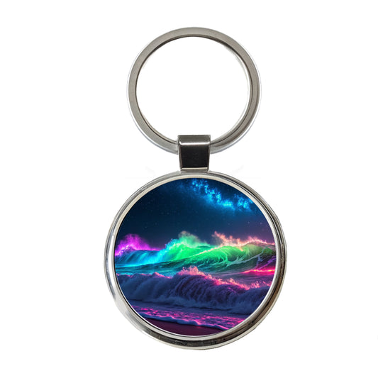 Neon Ocean Waves Night Round Metal Keychain