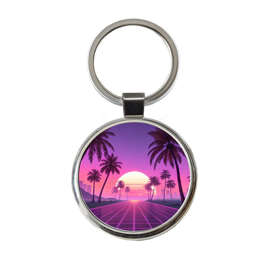 Neon Pinks Purples Palm Trees Sun Setting Round Metal Keychain
