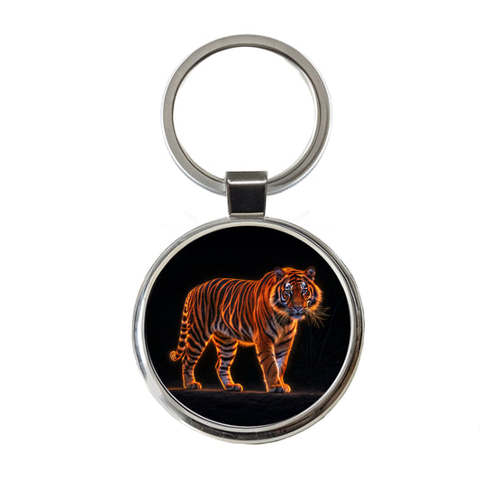 Neon Tiger Orange Round Metal Keychain
