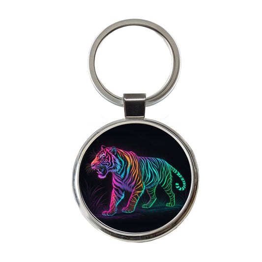 Neon Tiger Stunning Round Metal Keychain