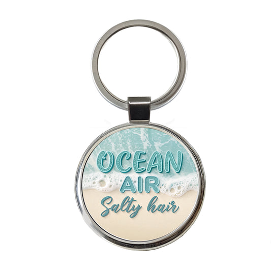 Ocean Air Salty Hair Sea Foam Beach Round Metal Keychain