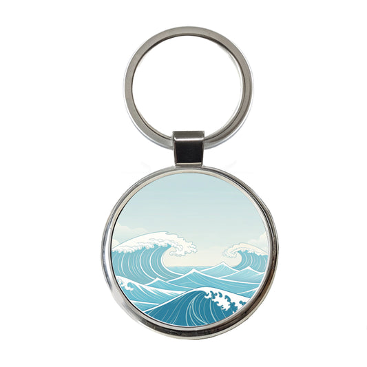 Ocean Waves High Surf Round Metal Keychain