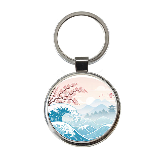 Ocean Waves Japanese Style Cherry Blossoms Round Metal Keychain