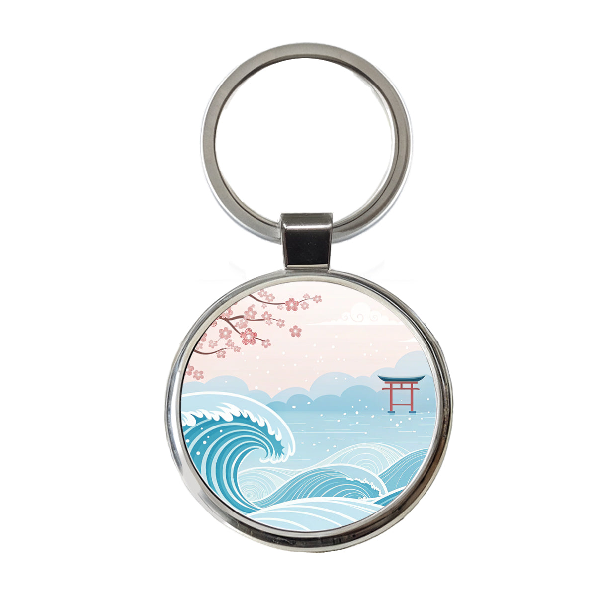 Ocean Waves Japanese Style Drawing Cherry Blossoms Round Metal Keychain
