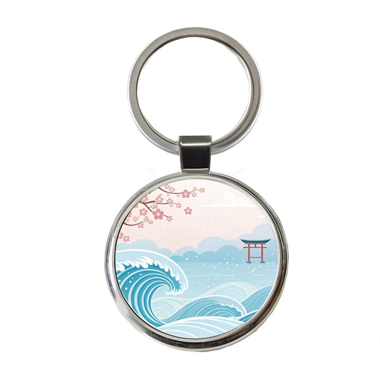 Ocean Waves Japanese Style Drawing Cherry Blossoms Round Metal Keychain