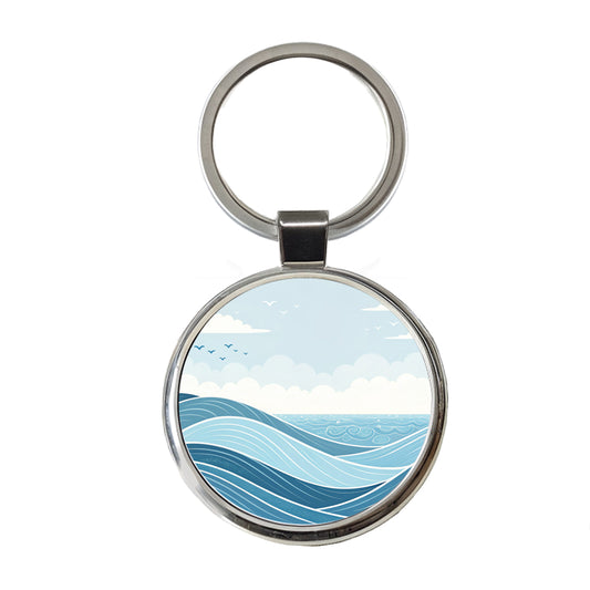 Ocean Waves Sketch Round Metal Keychain
