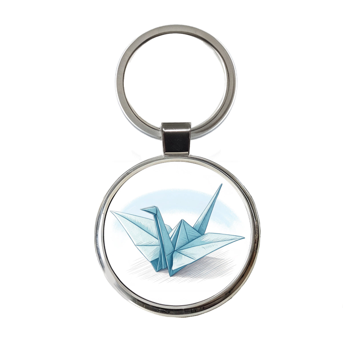 Origami Illustration Paper Crane Round Metal Keychain
