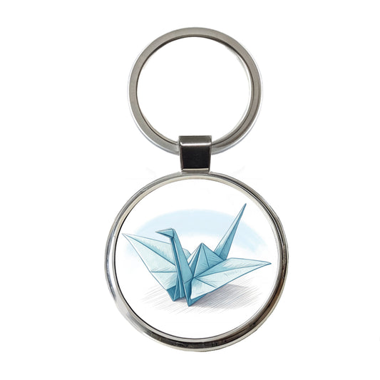 Origami Illustration Paper Crane Round Metal Keychain