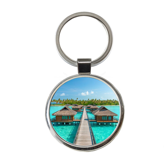 Over Water Bungalows Stunning Tropical Island Round Metal Keychain