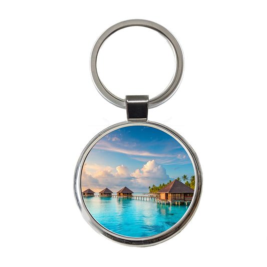 Over Water Bungalows Tropical Paradise Round Metal Keychain