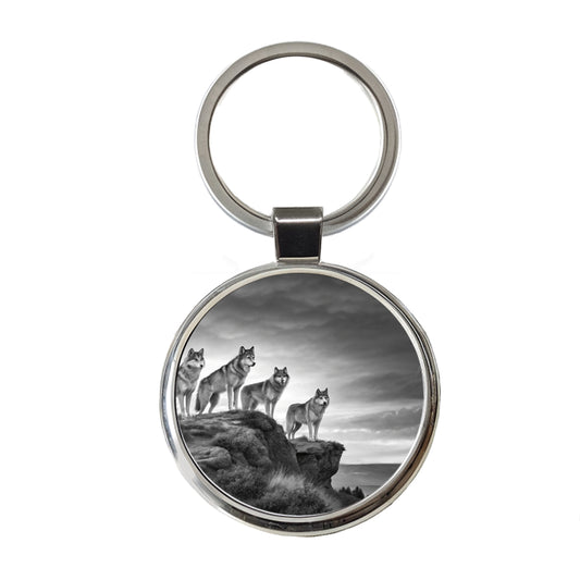 Pack Of Wolves On A Cliff Black White Round Metal Keychain