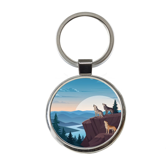Pack Of Wolves On Cliff Drawing Round Metal Keychain