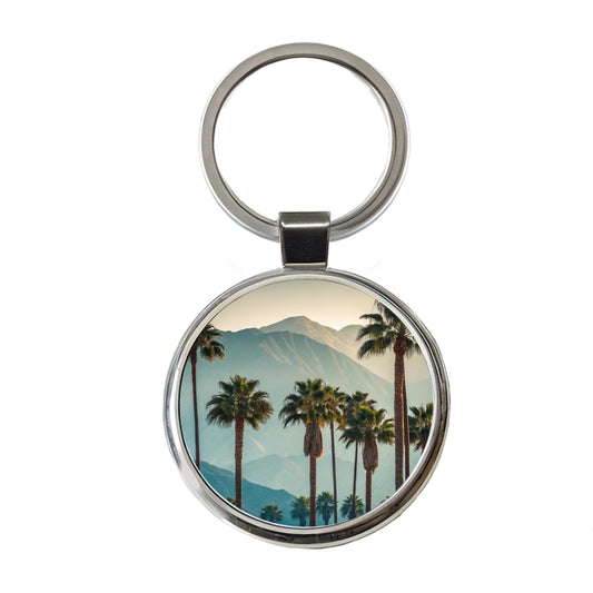 Palm Trees And Mountains Round Metal Keychain