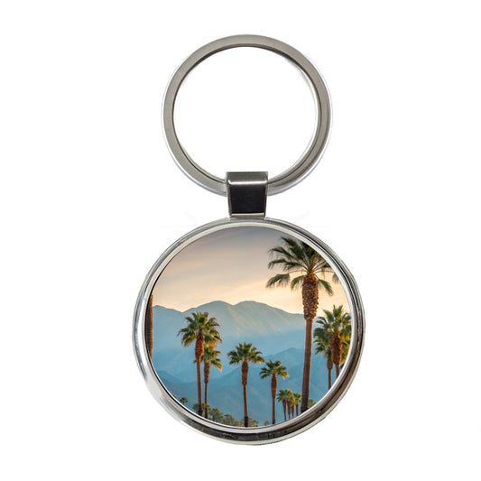 Palm Trees Mountains In Background Round Metal Keychain