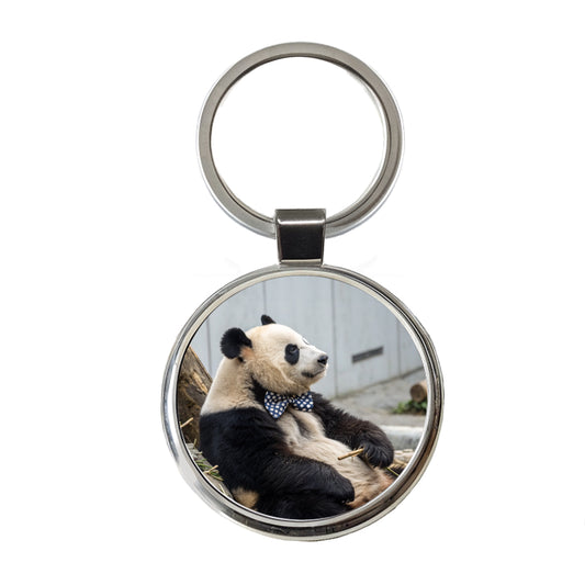 Panda Wearing Bow Tie Round Metal Keychain