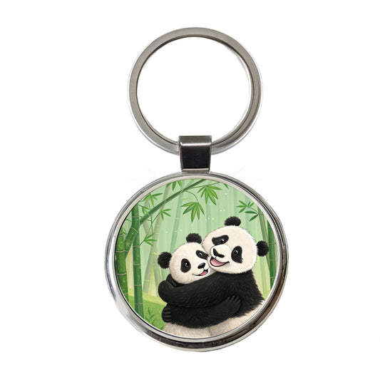 Pandas Hug Love Anniversary Round Metal Keychain