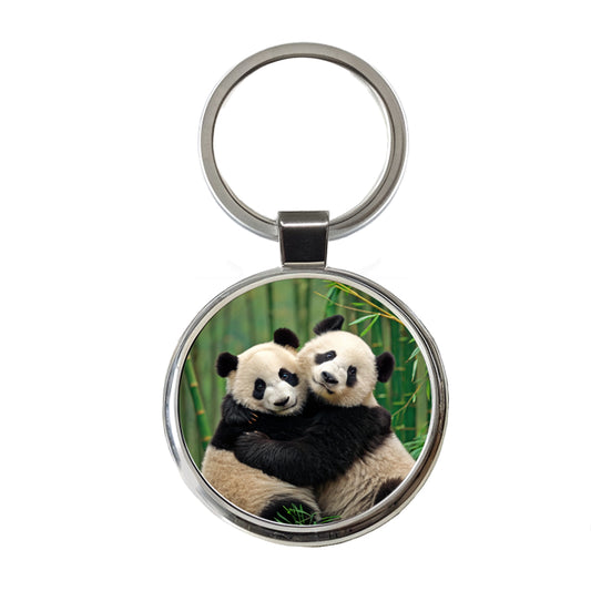 Pandas Hugging Love Round Metal Keychain
