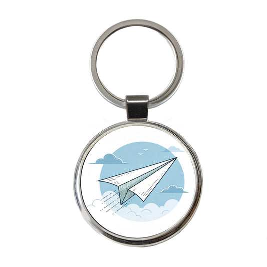 Paper Airplane Illustration Flying Sky Round Metal Keychain