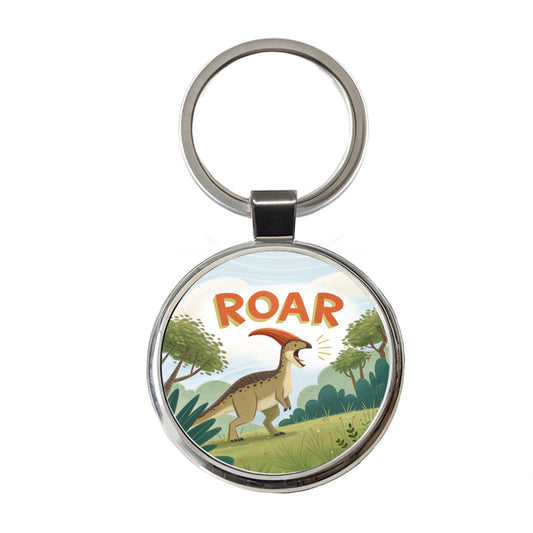 Parasaurolophus With Roar Bold Dinosaur Round Metal Keychain