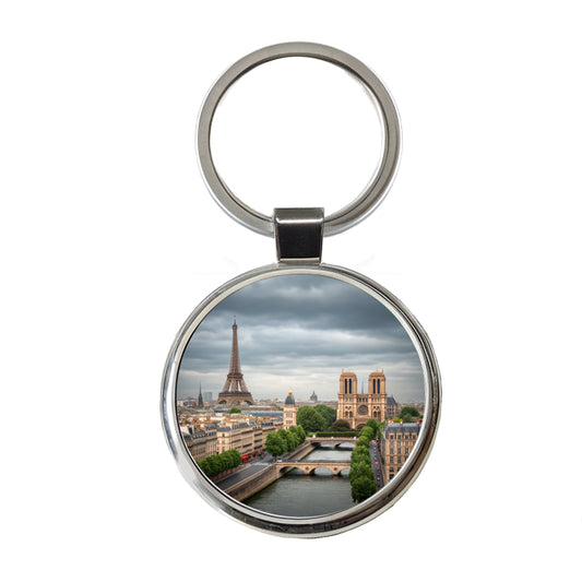 Paris France Travel Eiffel Tower Notre-Dame City Round Metal Keychain