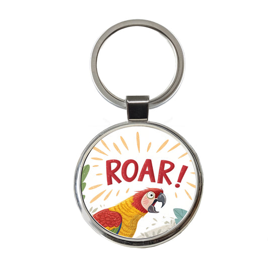 Parrot With Roar Bold Text Funny Round Metal Keychain