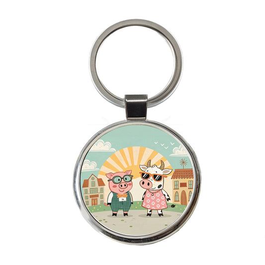Pig And Cow Wearing Glasses Sunglasses Round Metal Keychain