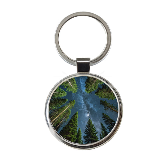 Pine Trees Looking Up Star Packed Sky Round Metal Keychain