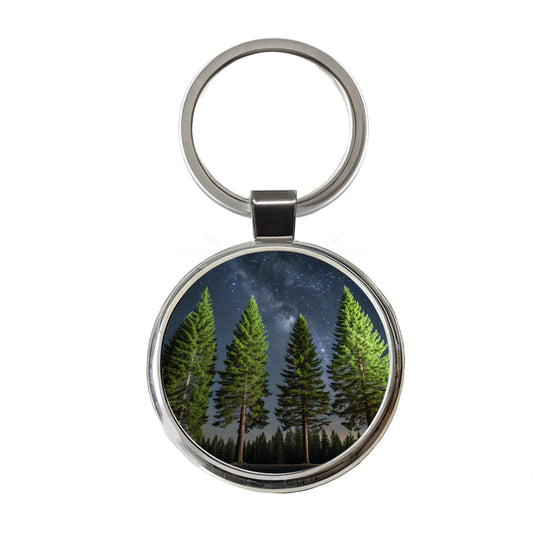 Pine Trees Star Packed Sky Round Metal Keychain