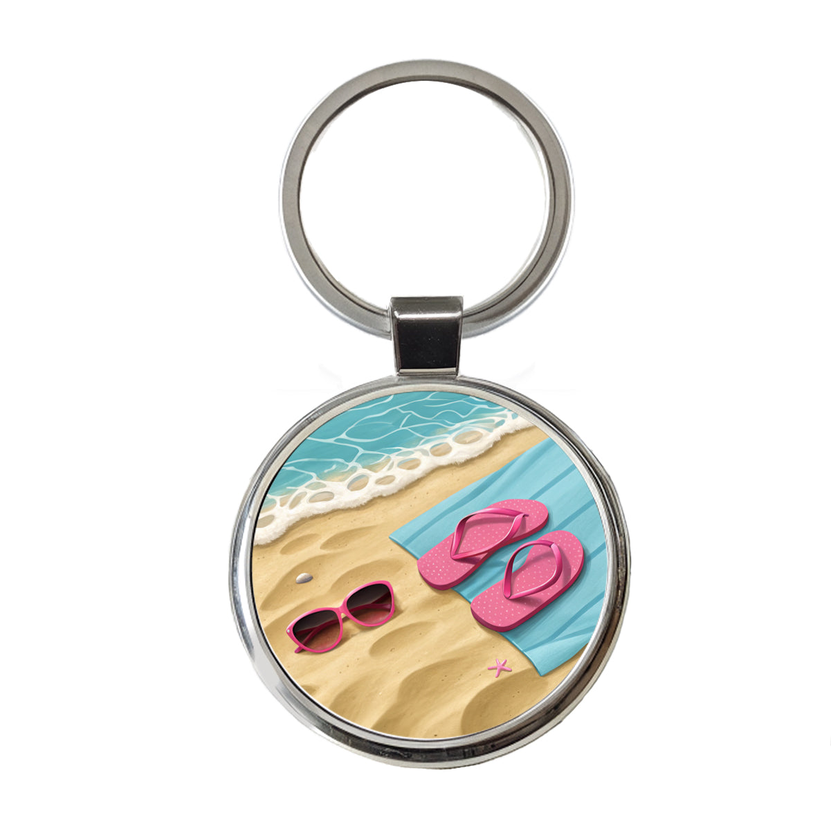 Pink Sunglasses Flip Flops Towel On Sand Beach Round Metal Keychain
