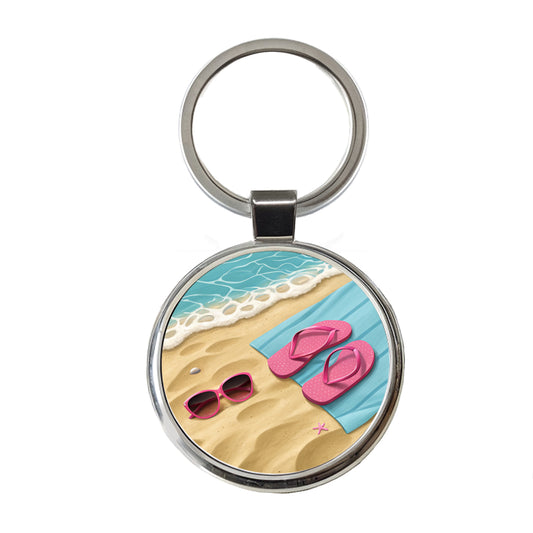 Pink Sunglasses Flip Flops Towel On Sand Beach Round Metal Keychain