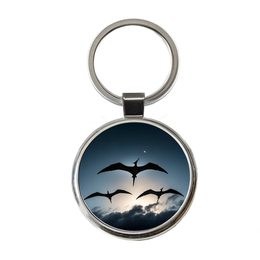 Pterodactylus Silhouettes Flying Dinosaurs Round Metal Keychain