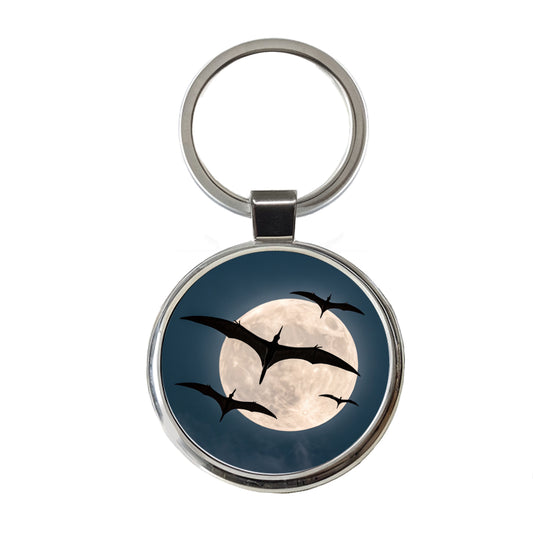 Pterodactylus Silhouettes Night Dinosaurs Round Metal Keychain