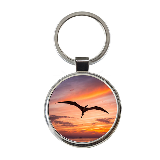 Pterodactylus Sunset Dinosaur Round Metal Keychain