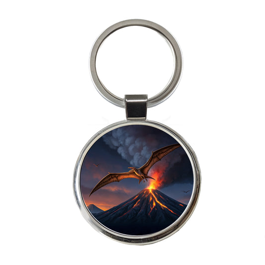 Pterodactylus Volcano Erupting Dinosaur Round Metal Keychain
