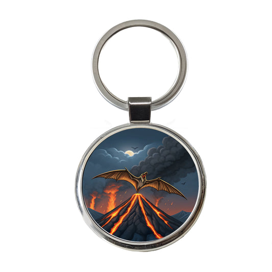 Pterodactylus Volcano Flying Dinosaur Round Metal Keychain