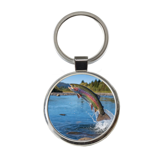 Rainbow Trout Fish Jumping Fishing Round Metal Keychain