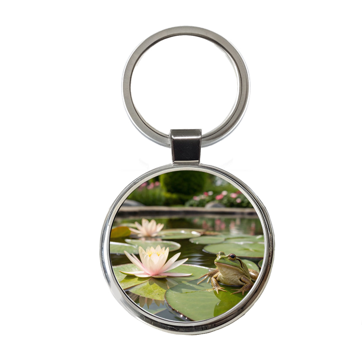 Relaxed Frog On A Lily Pad Round Metal Keychain