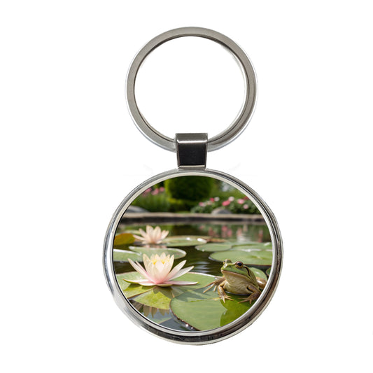 Relaxed Frog On A Lily Pad Round Metal Keychain